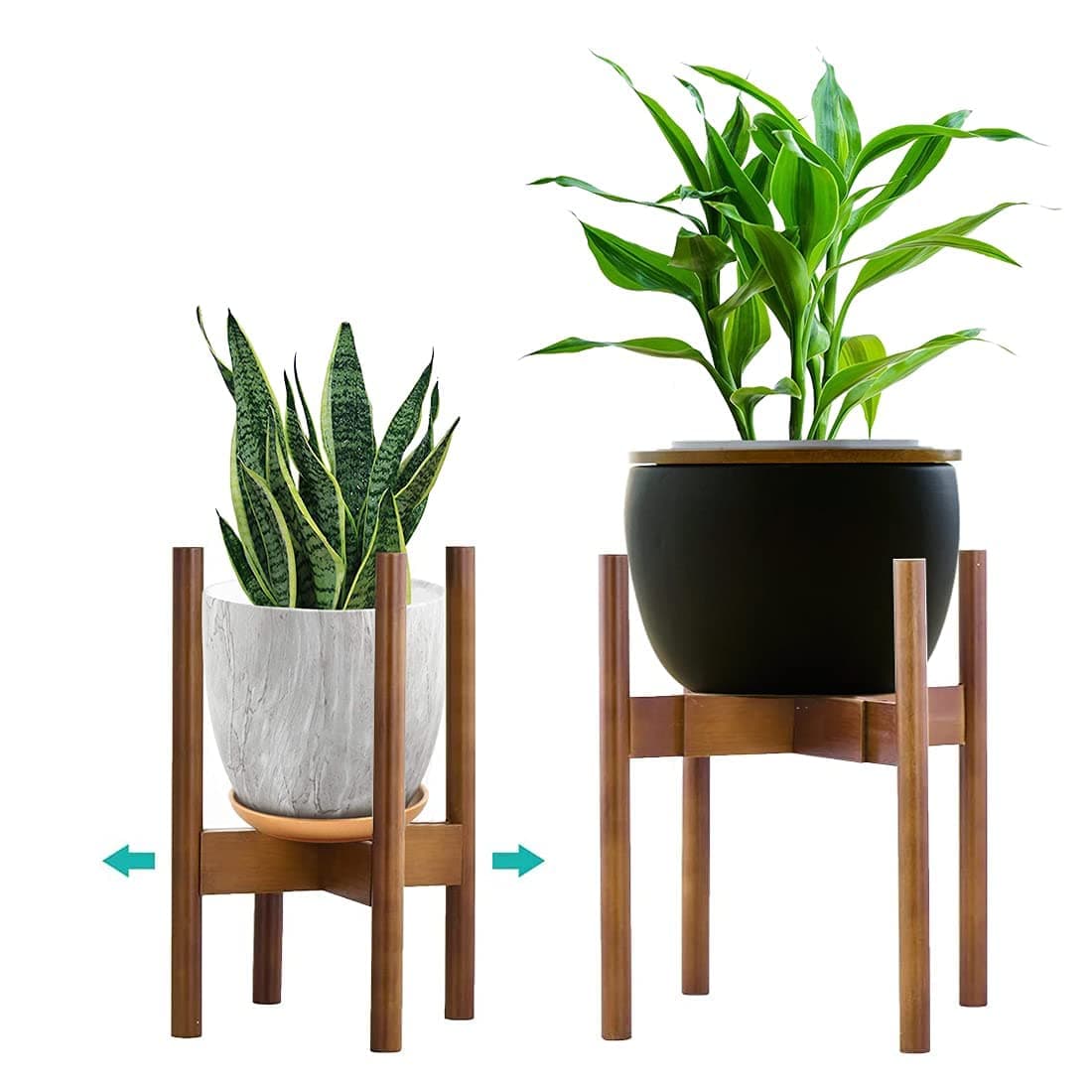 YEALEO 2 Sets of Bamboo Adjustable Plant Stands, 8'' to 12'' Wood Flower Stand Modern Flower Holder for Indoor and Outdoor Use Planter, Brown-2 PACK