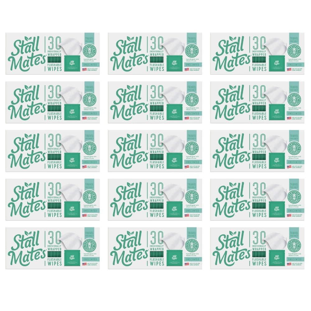 Stall Mates Wipes - Flushable Wipes | Individually Wrapped | Travel Friendly | Unscented with Vitamin-E & Aloe | 15 Boxes of 30 on-the-go singles | 450 wipes total