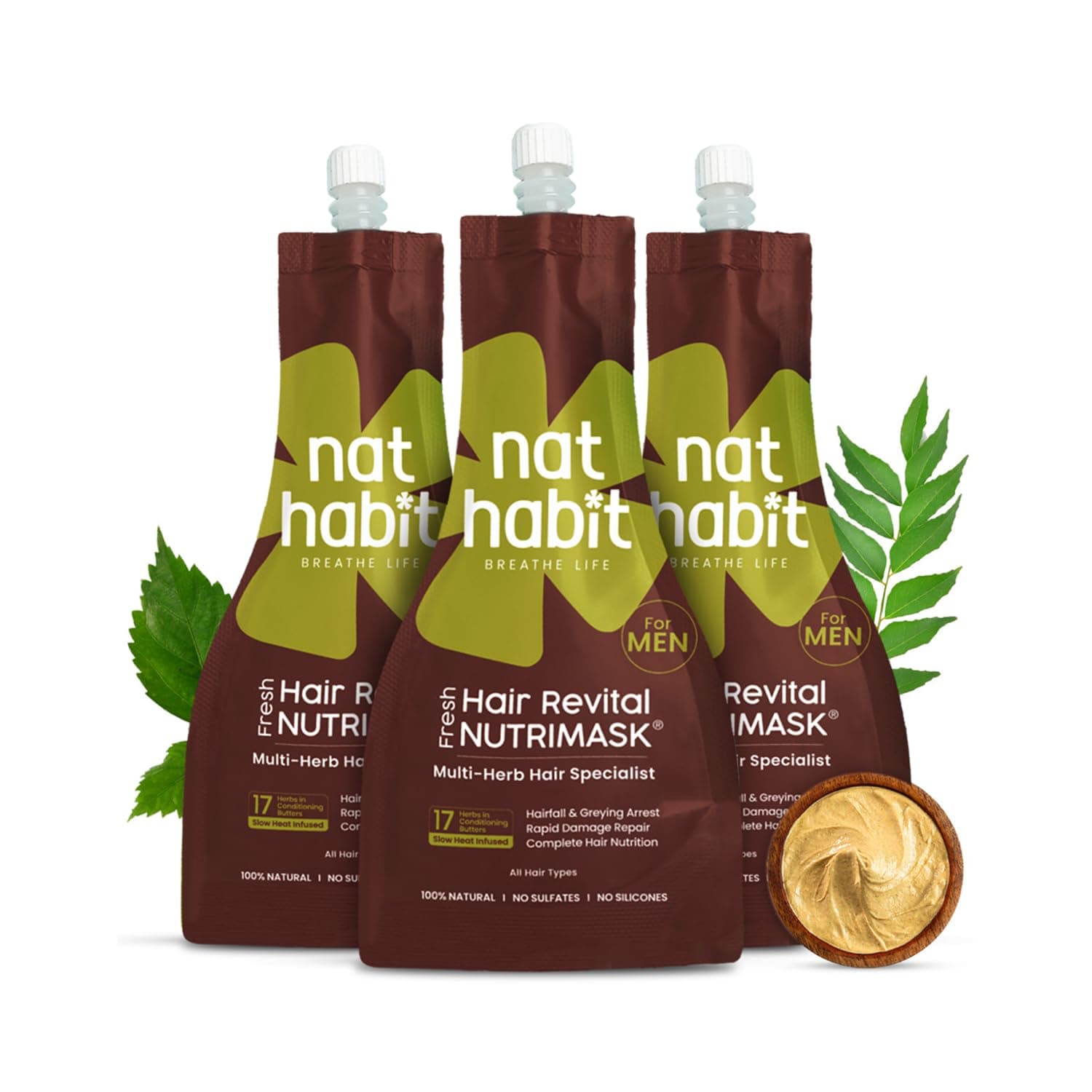 Nat Habit Men's 8 Herbs Hair Revital NutriMask - Hair Mask For Grey Hairs, Conditioning, Smoothening, Strengthen & Shine, Suitable For All Hair & Scalp Types (Pack of 3 x 40gm)