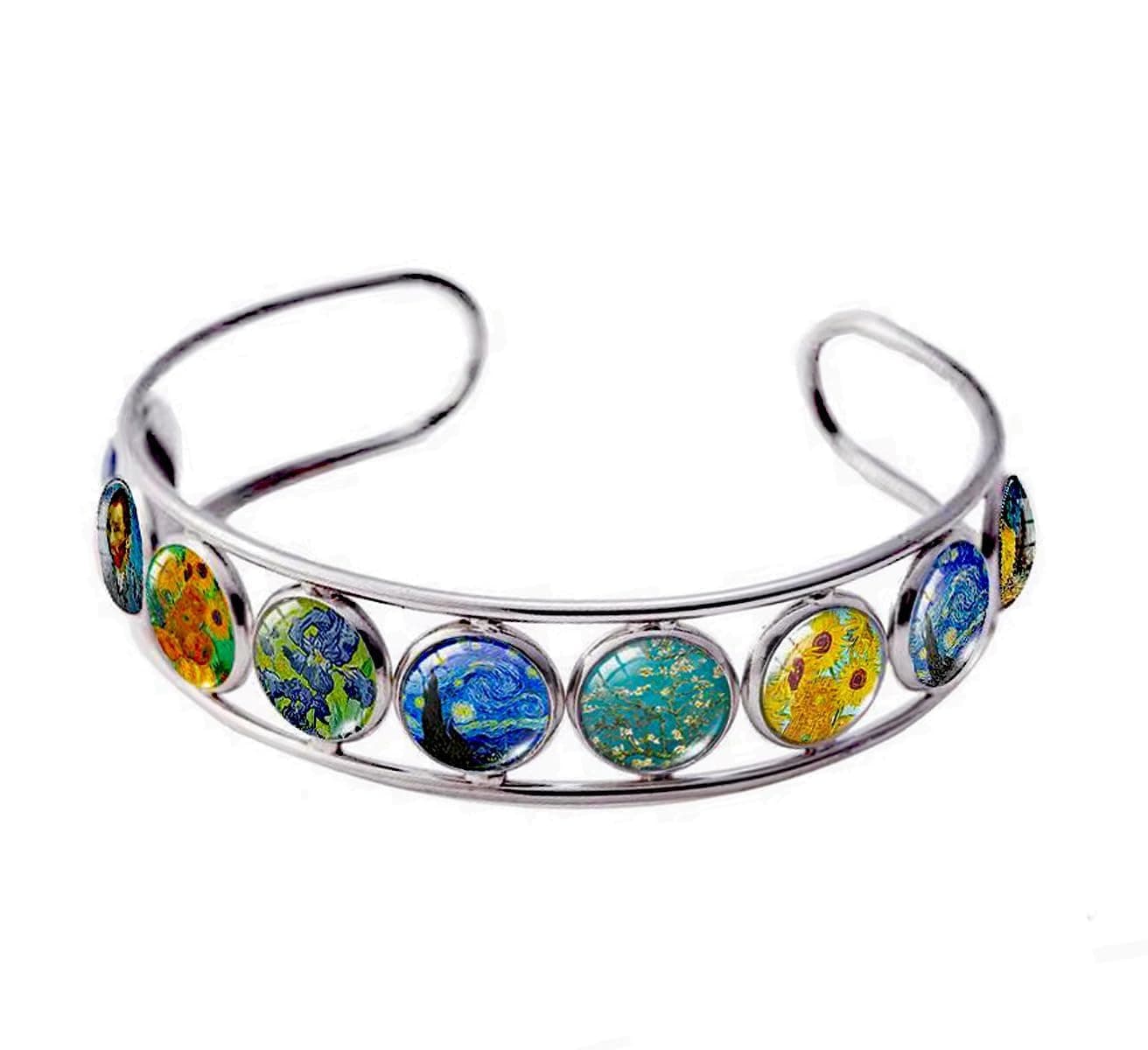 Van Gogh Cuff Bracelet Art Pattern Under Glass Dome Jewelry Handmade