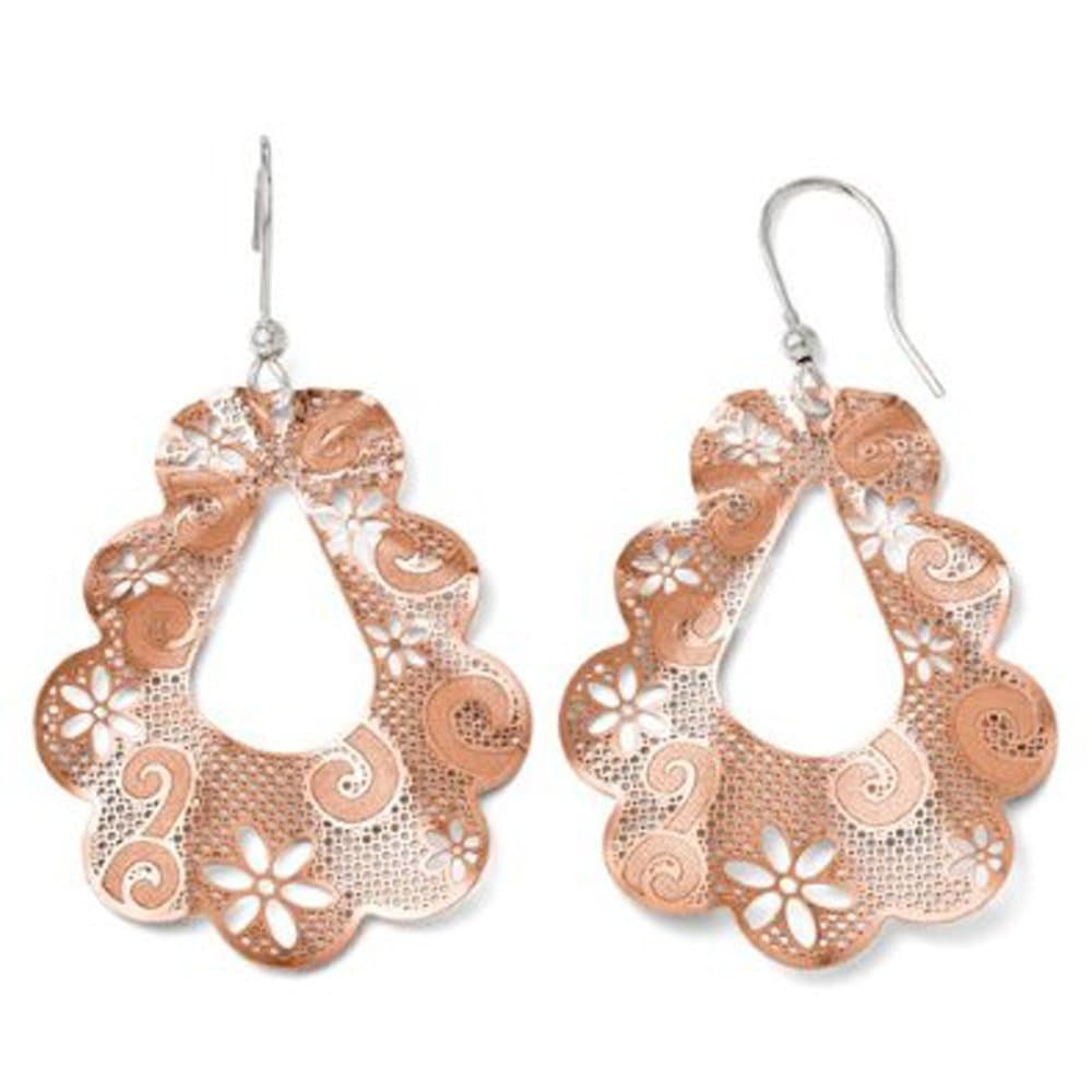 Silver Rose Gold Plated Diamond Cut Florentine Fancy Fan Design Dangle Earrings