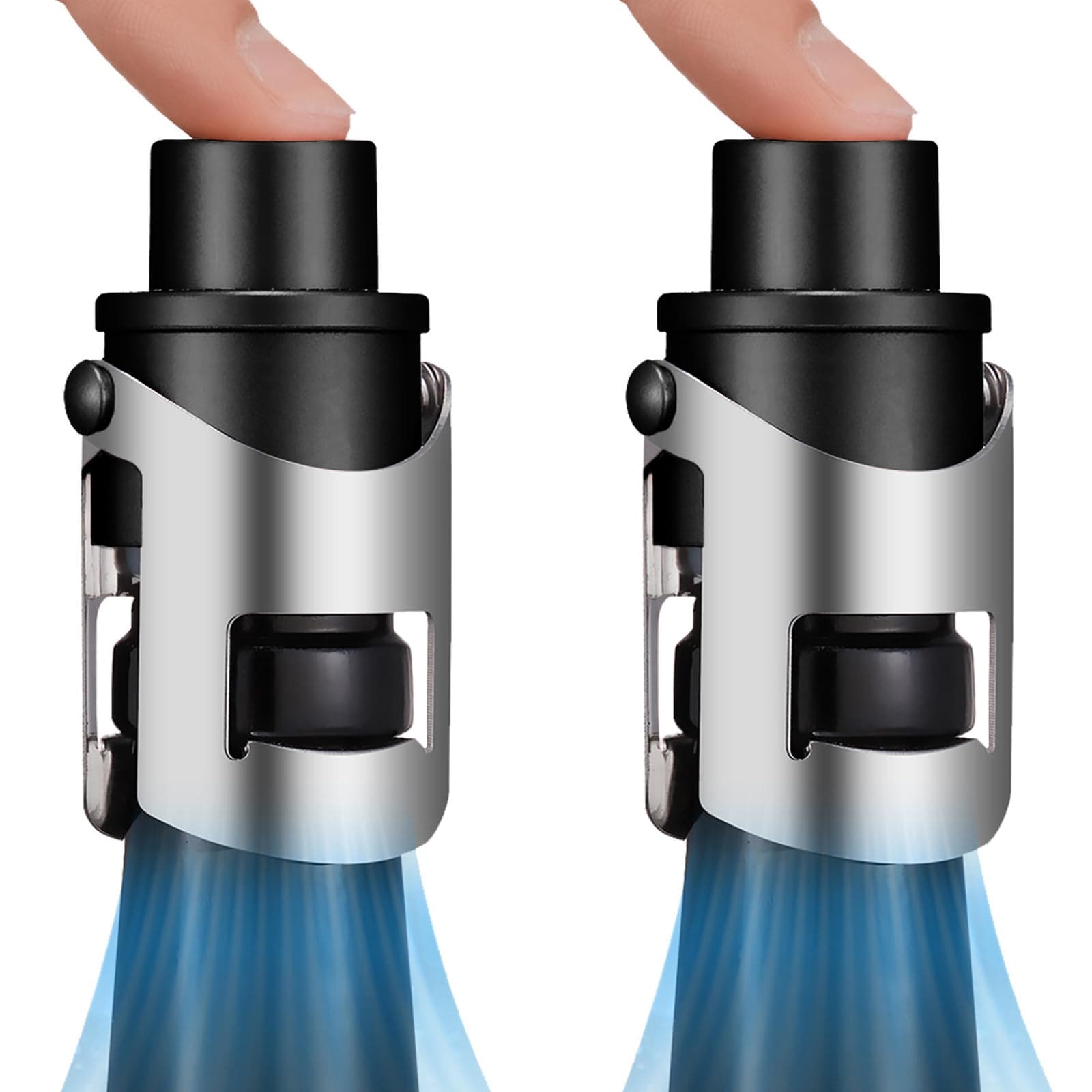 HYZ 2-Pack Champagne Stoppers Wine Saver, Sparkling Wine Vaccum Stoppers with Built-in Pump for Champagne, Prosecco and Cava - Stainless Steel + ABS Champagne Bottle Stoppers, Black