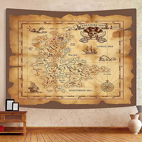 Old Treasure Map Tapestry Wall Hanging, Secret of Gold Vintage Pirate Nautical Tapestries Home Decor, Island Pirate Skull Skeleton Wall Tapestry for Bedroom Living Room Wall Blankets Poster (60X50)