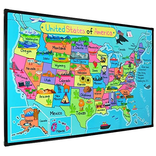 Lockways Magnetic Dry Erase whiteboard Map, Kid USA Travel Map 36 x 24 Inch, Black Aluminium Frame
