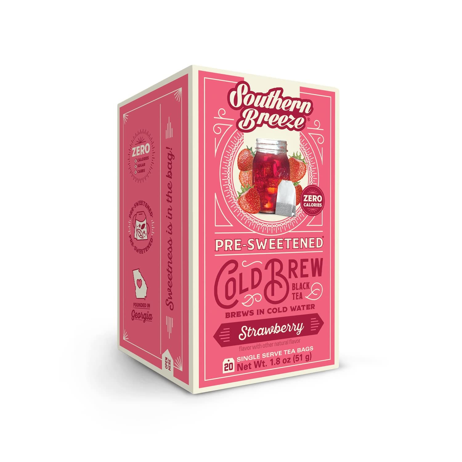 Cold Brew Sweet Tea Strawberry Iced Tea with Black Tea and Zero Carbs Zero Sugar, 20 Individually Wrapped Tea Bags Southern Sweet Tea Iced Tea Beverage