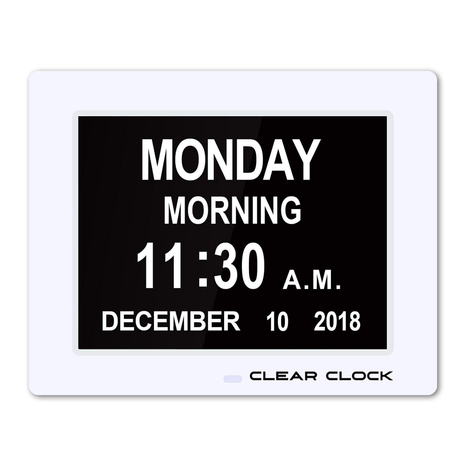 [Newest Version] Extra Large Digital Memory Loss Calendar Day Clock With Optional Day Cycle + Alarm Perfect For Seniors + Impaired Vision Dementia Clock White