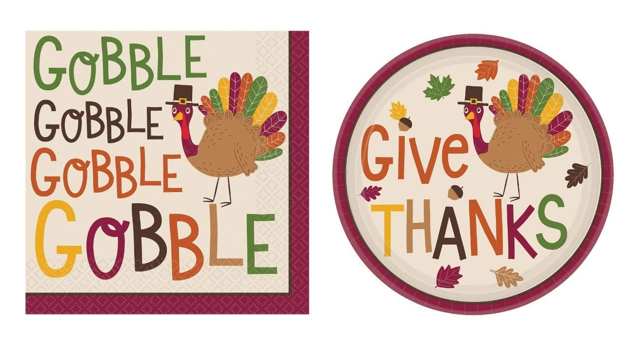 Fun Thanksgiving Friendsgiving Paper Plates and Napkins for 36 and an Exclusive ElevenPlus2 Gratitude Conversation Starter Ideas Sheet