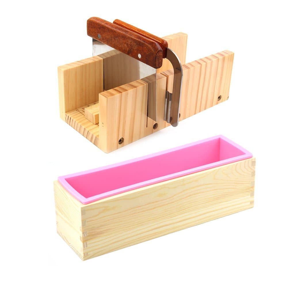 E2O Tech Wooden Soap Loaf Cutter Mold and Soap Cutter Set with 1 pc Rectangle Silicone Mold with Wood Box 1 pc Straight Cutter and 1 pc Wavy Cutter