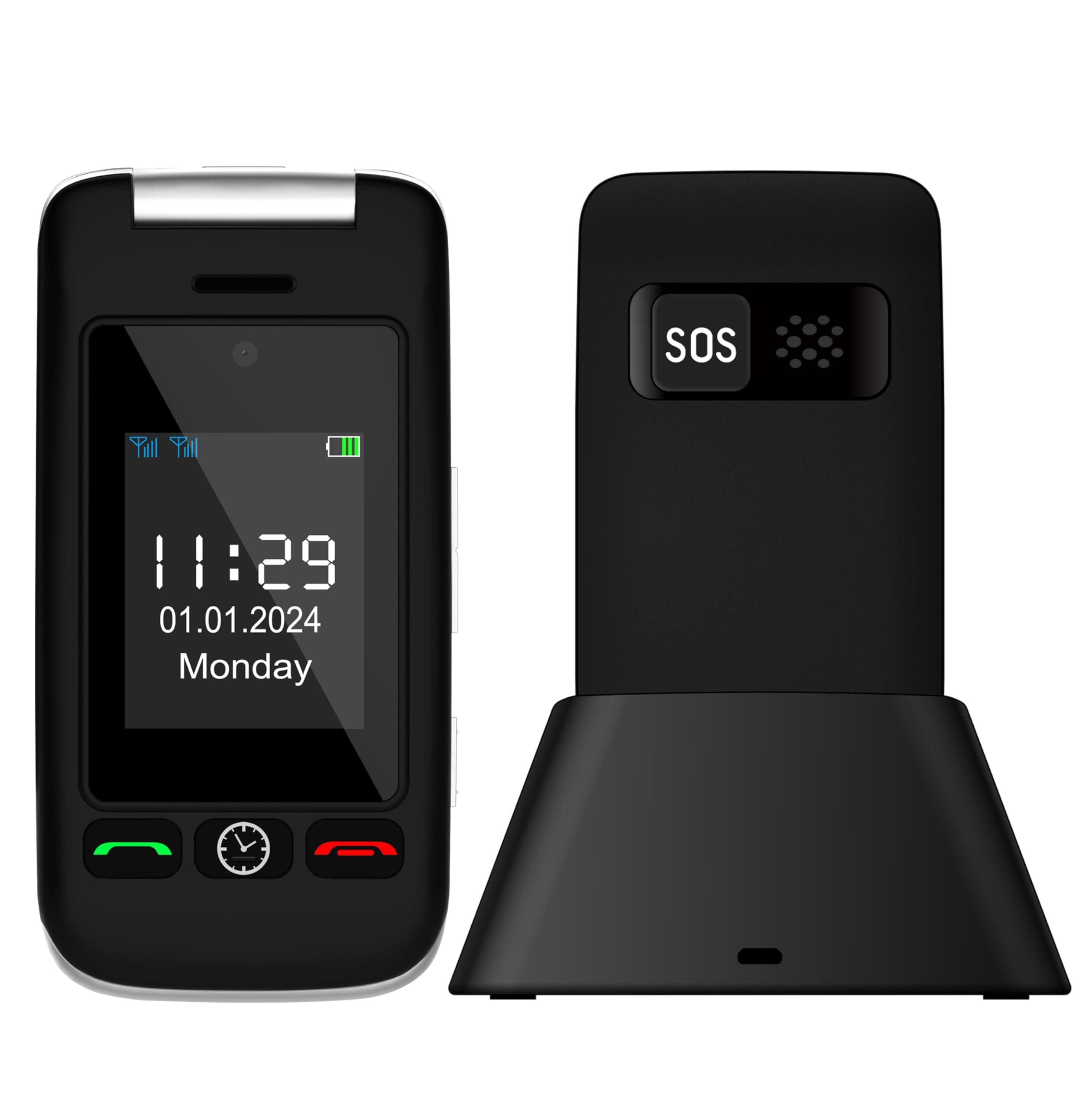 artfone C10 Senior Mobile Phone, SIM-Free Unlocked Flip Phone with Dual SIM & Dual Display, Easy to Use Big Button, SOS Emergency Button, High Volume, USB-C & Charging Dock for Elderly People, Black