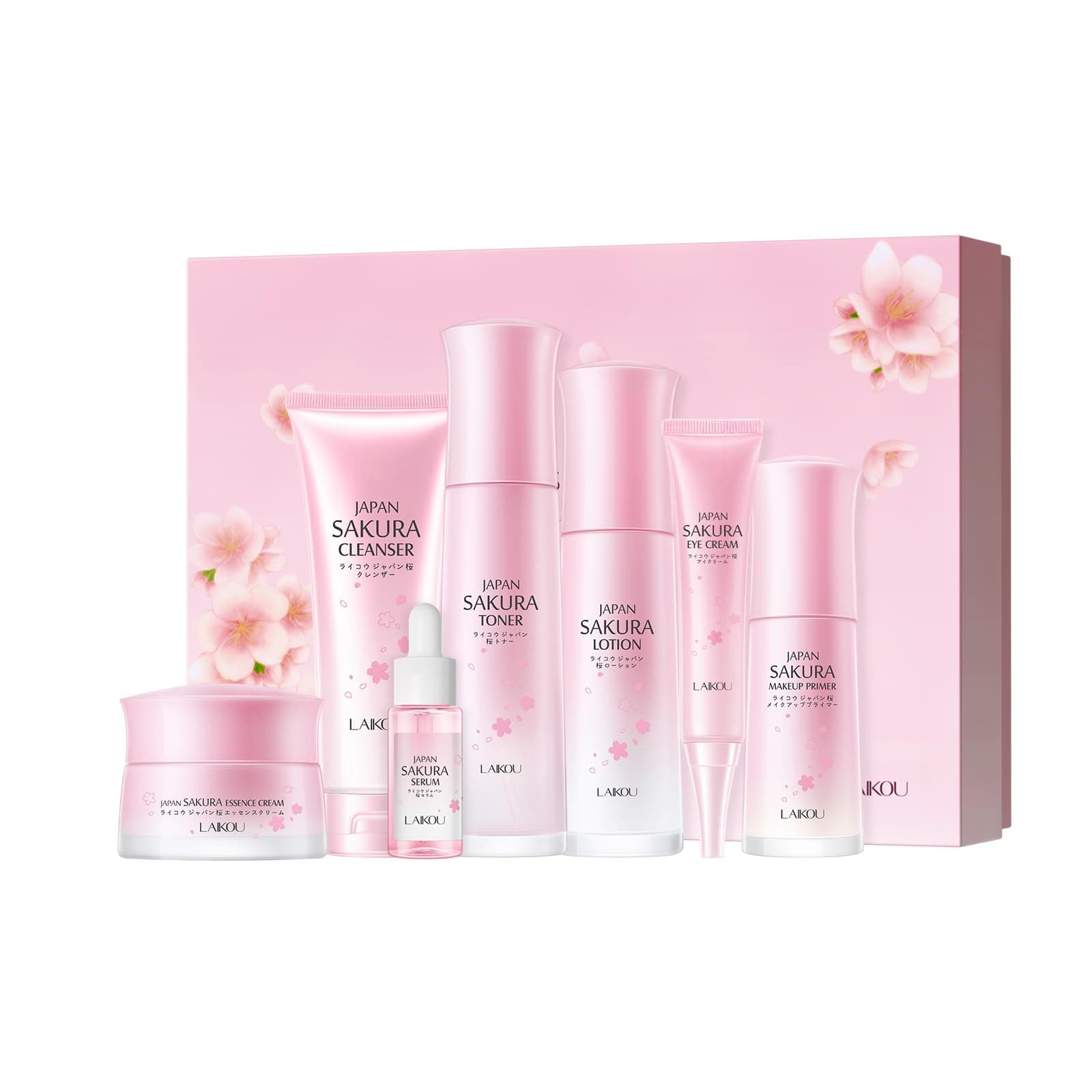 Japan Sakura Skincare Set, Luxury Facial Kit for Women Teenage Girls, Moisturizing & Anti Aging Skincare Gift Set - Cleanser, Toner, Lotion, Serum, Eye Cream, Face Cream, Makeup Primer, 7pcs