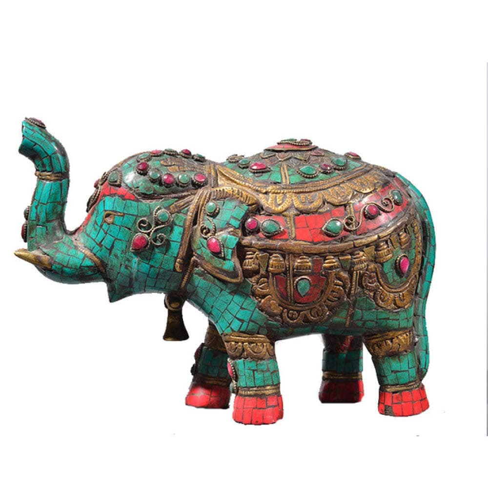 Elephant Statue Sculpture Antique Nepal Inlaid Gemstones Turquoise Elephant Ornaments Lucky Color Painted Gold Pure Handmade