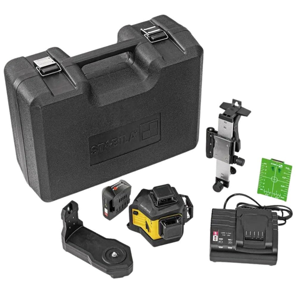 12 V system cross line laser LAX 600 G, self-leveling, 3 x 360°, green laser lines, 1x CAS battery, 1x charger (US), adapter, wall bracket, carrying case (Safety Class ll, <1mW power output)