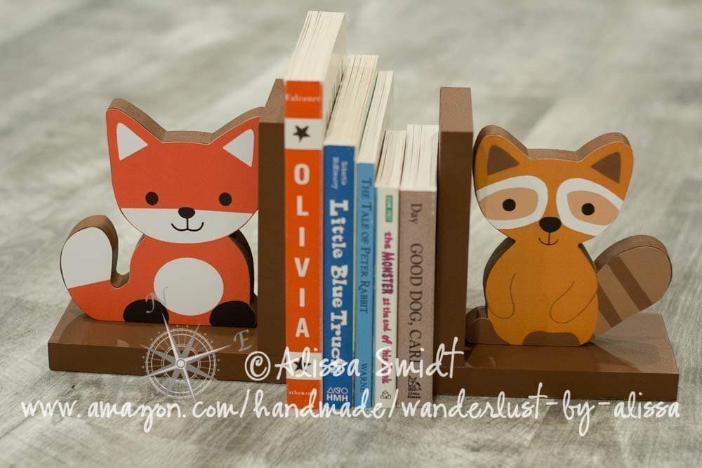 Fox and Raccoon Wooden Bookends - Custom Created (Echo bookends, woodland animals, brown)