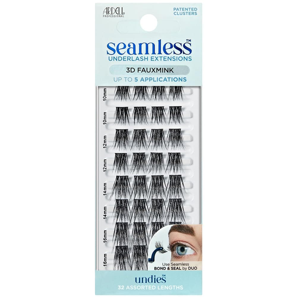 Seamless Undies Underlash Eyelash Extensions Refill, 3D Faux Mink Lash Cluster Kit, Full Volume & Intense Black Lashes, Up to 5 Applications, Assorted Eyelash Lengths, 32 Knot-Free Clusters