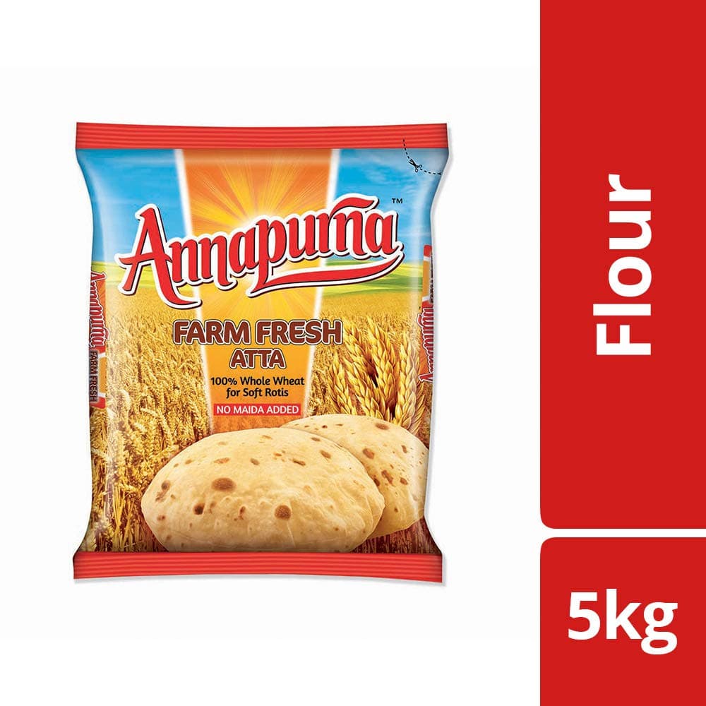 Annapurna Farm Fresh Whole Wheat Atta, 100% Whole Wheat for Soft Rotis, No Maida Added / 5kg., 11lb