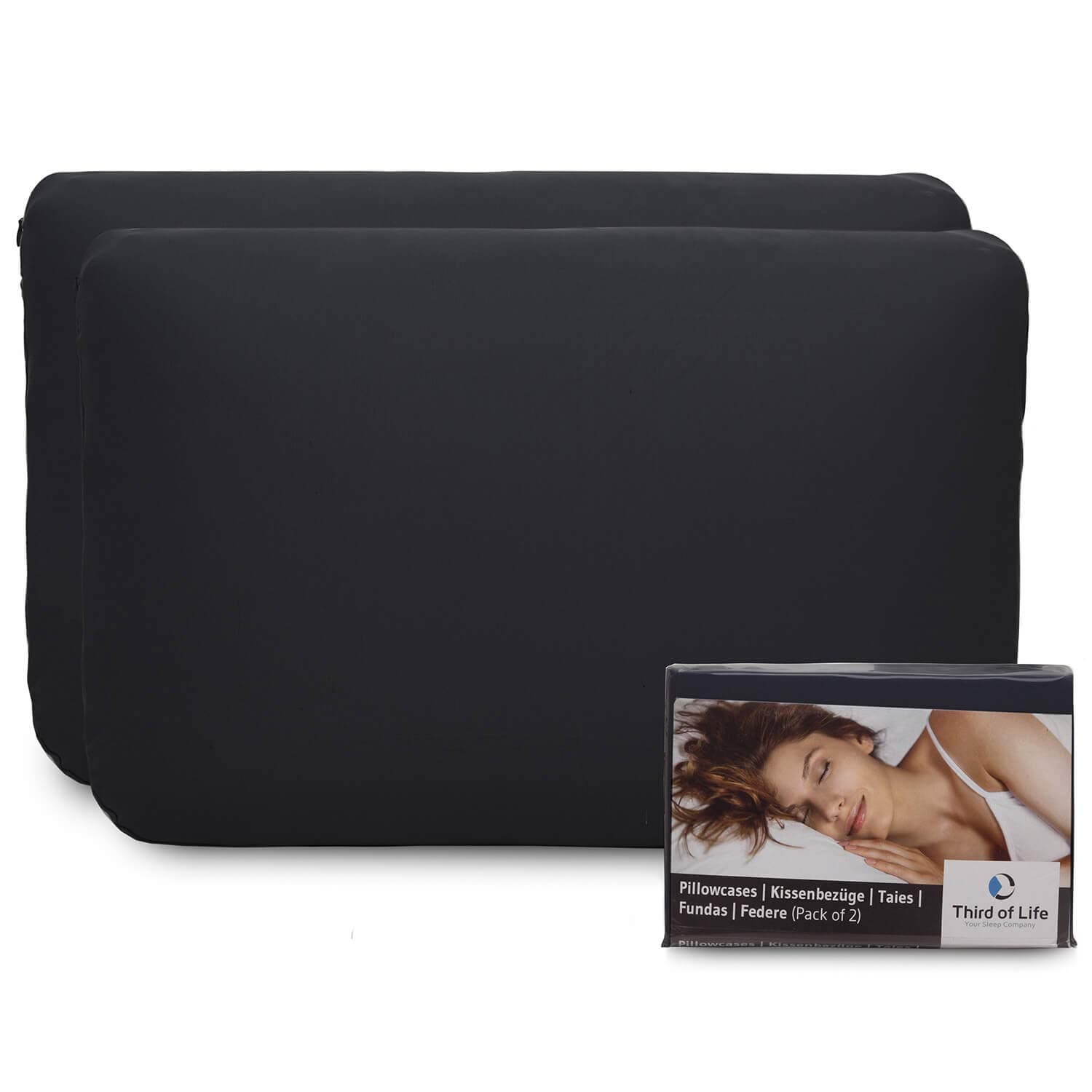 Third of Life pillow case double pack (2pcs, black uni) for 40x60 cushions, in particular IZAR, NEKKAR - cotton, double jersey, good fit, non-iron, 3 years guarantee, pillowcase with zipper