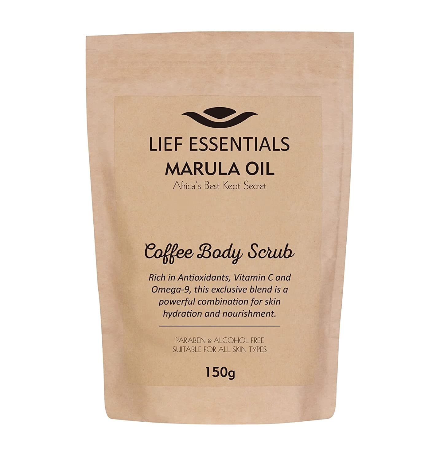Coffee Body Scrub with Pure Organic African Marula Oil. Suitable For All Skin Types. Cruelty-free. Resealable Satchet. 150g