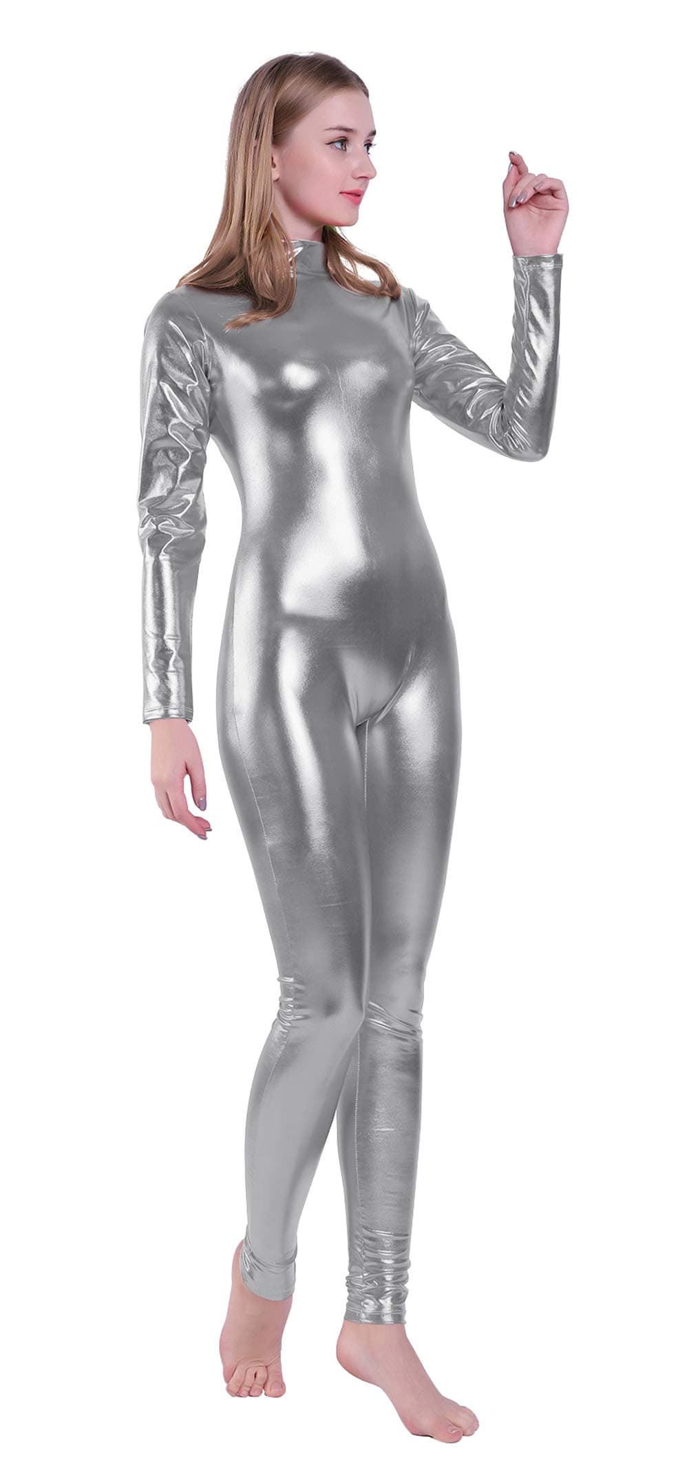 Shiny Metallic Unitard Turtleneck Long Sleeve Footless Zentai Suit Catsuit Dancewear