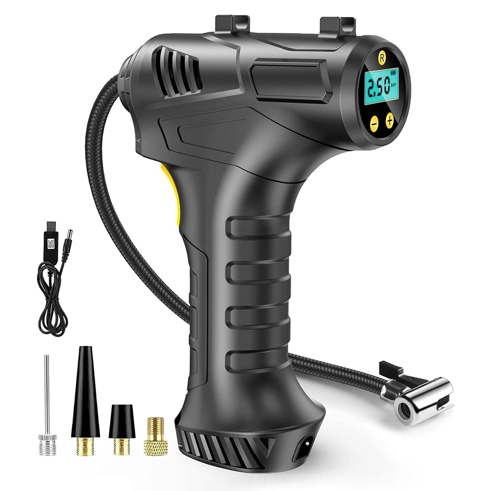 Exrp Cordless Tyre Inflator Air Compressor, 12V USB Rechargeable Battery 150PSI Portable Car Tyre Pump, Electric Digital Tyre Pump with LED Light and 3 Nozzle Adaptors for Car Motorcycle Bicycle