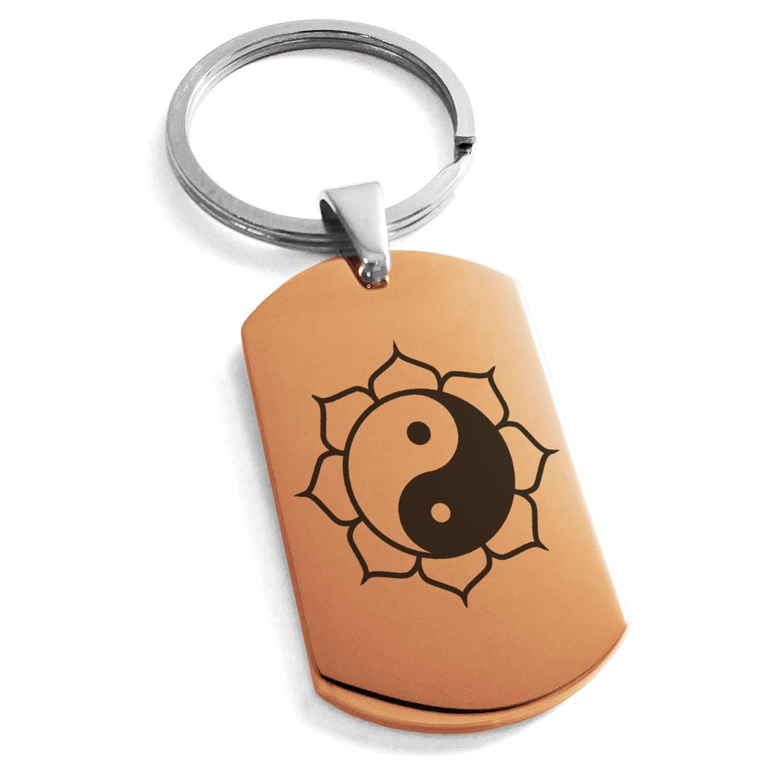 Stainless Steel Sacred Lotus Yin Yang Symbol Engraved Dog Tag Keychain Keyring