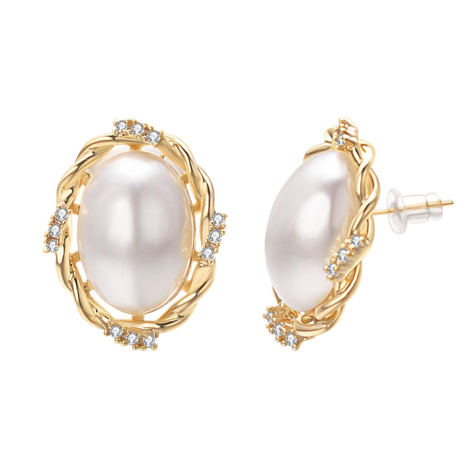 YoursfsLarge Pearl Stud Earrings For Women 18K Gold Plated White Oval Pearl Earrings Trendy Piercing Jewelry