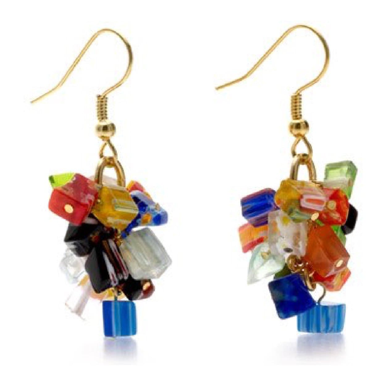 Gold Finish Red Blue Green Murano Glass Millefiori Drop Dangle Earrings 1.7" L 'Mystique Of Venice'