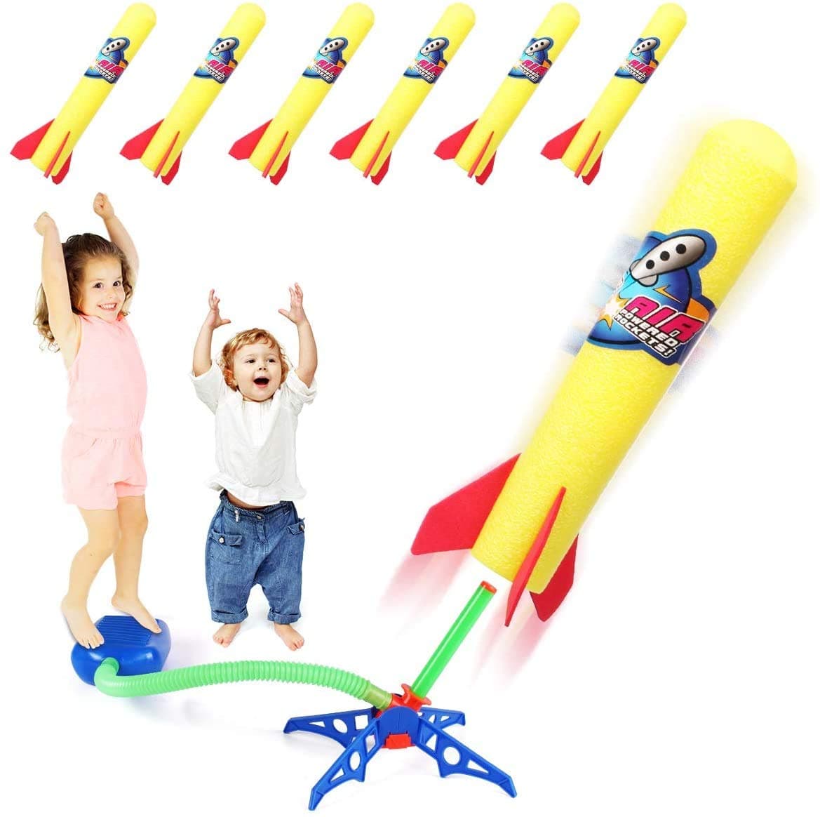 Toy Rocket Launcher for kids – Shoots Up to 100 Feet – 6 Colorful Foam Rockets and Sturdy Launcher Stand With Foot Launch Pad - Fun Outdoor Toy for Kids - Gift Toys for Boys and Girls Age 3+ Years Old