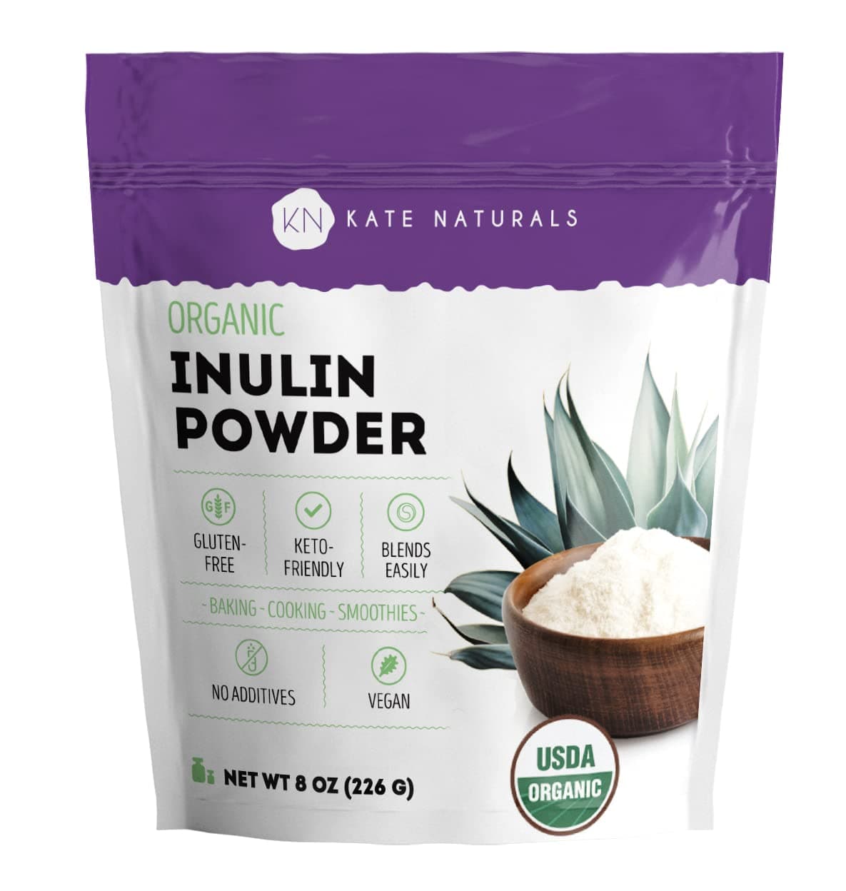 Kate Naturals Inulin Powder Organic from Blue Agave (8oz) Soluble Prebiotic Fiber for Coffee, Yogurt & Smoothies