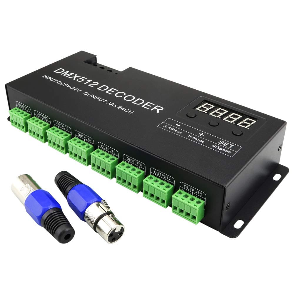 AKEPOLED DMX 24CH Digital Display Decoder, Dimming Driver LED DMX512 Controller for RGB Strip Light DC5-24V 3A/CH (24 Channel with Display)