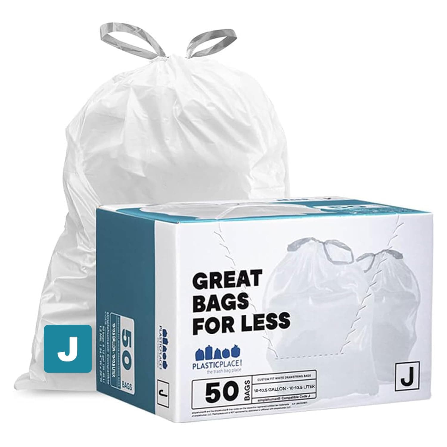 Custom Fit Rubbish Bags, Compatible with simplehuman Code J (50 Count), White Drawstring Rubbish Liners 10-10.5 Gallon / 38-40 Liter, 21" x 28"