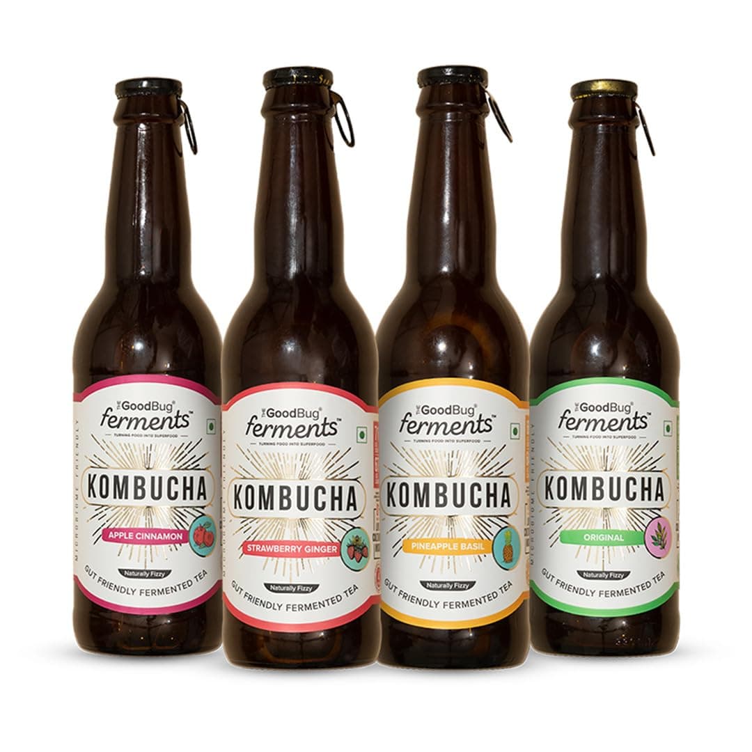 The Good Bug Kombucha | Assorted Pack | 1 Bn. CFU Live Cultures | Gut Friendly | Gluten-free | Immunity Booster | Antioxidant & Hydration | Pack of 4 | 300 ML