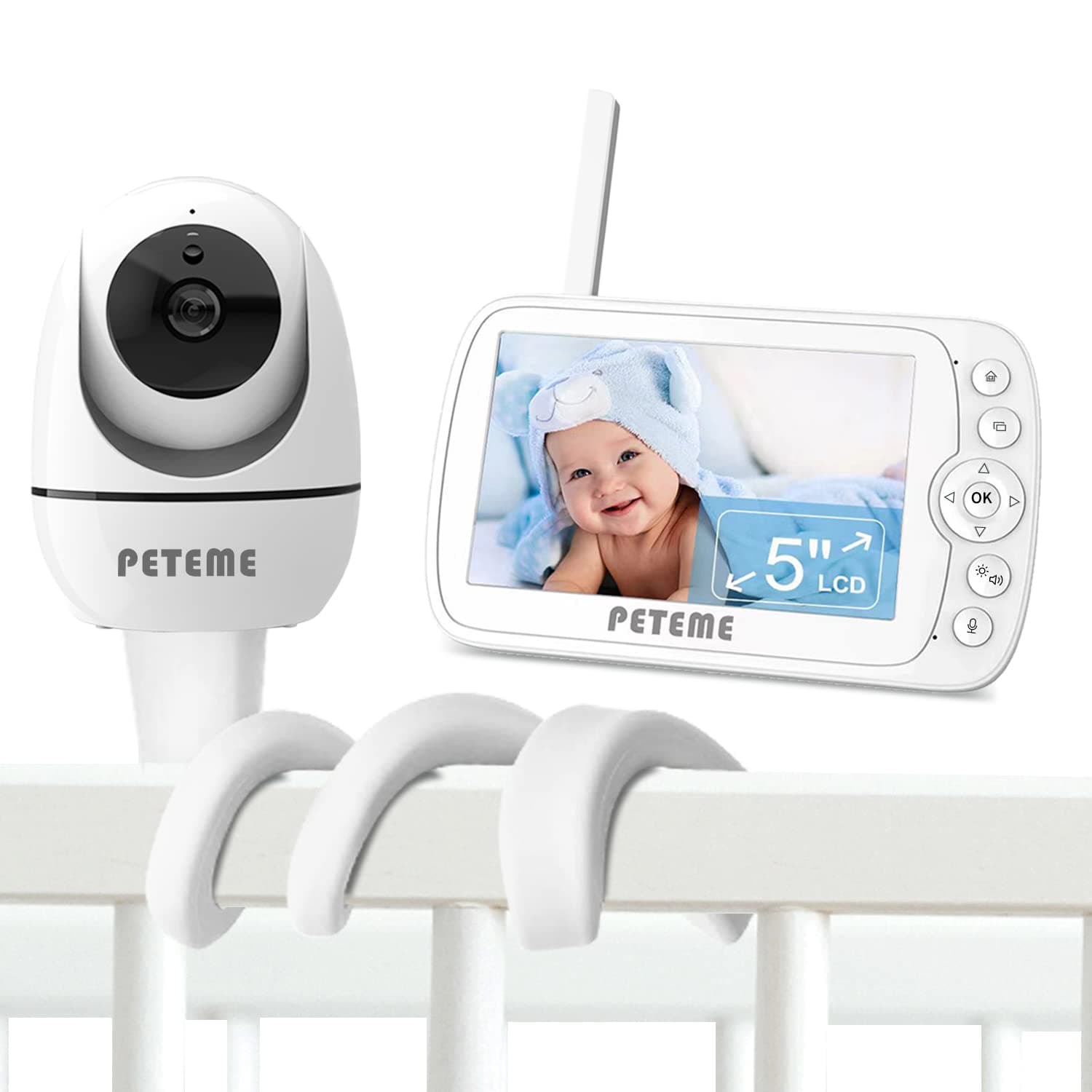 Peteme Baby Monitor No WiFi,5" LCD Display with 1080P Resolution Pan/Tilt Zoom Camera, Video Baby Monitor Audio 2-Way Communication,Night Vision,Temperature & Sound Alarm,110 Wide-Angle View