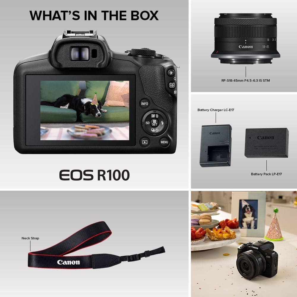 Canon EOS R100 - Compact Mirrorless Digital Camera - 24.1 MP, 4K Resolution - Dual Pixel CMOS AF, DIGIC 8 Processor - 6.5 FPS Continuous Shooting - Face & Eye Detection, Bluetooth, Wi-Fi, GPS