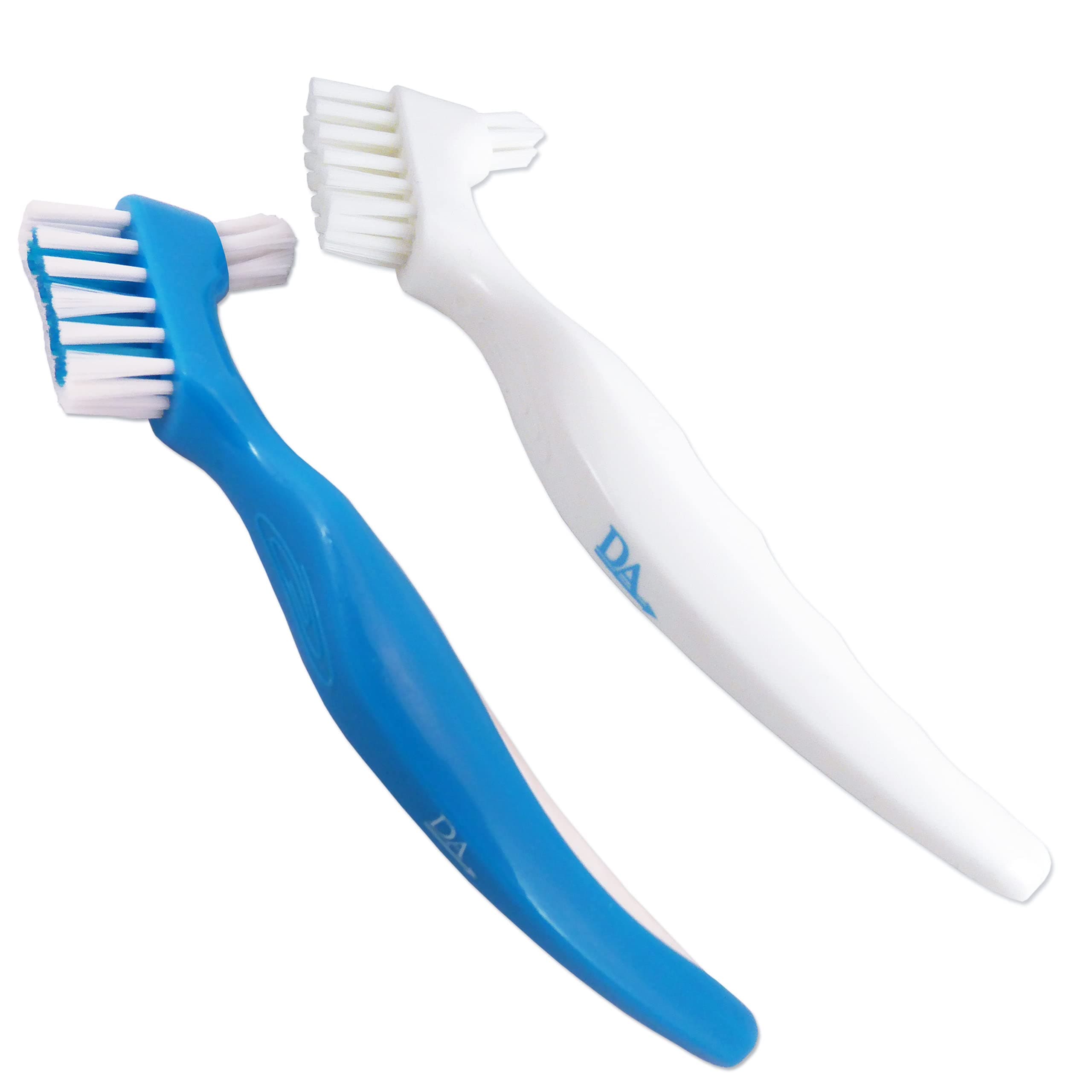 UK Two-Tone Denture Brush (Set of 2) Blue & White Brushes Easy Grip Handle, Double Bristle Head