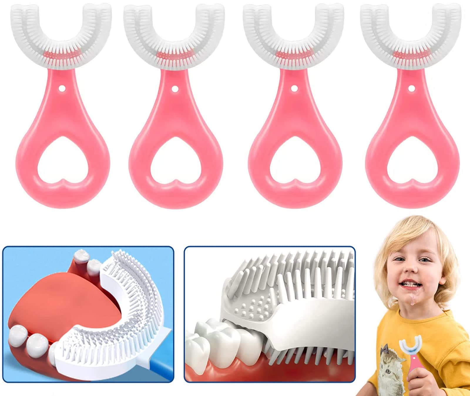 Kids U Shaped Toothbrush, Manual Training Tooth Brush, Soft Silicone Brush Head, 360° Oral Teeth Cleaning Design, Toddler Toothbrush, Child Toothbrush, Whole Mouth Toothbrush for Kids 4Pcs 2-6Age
