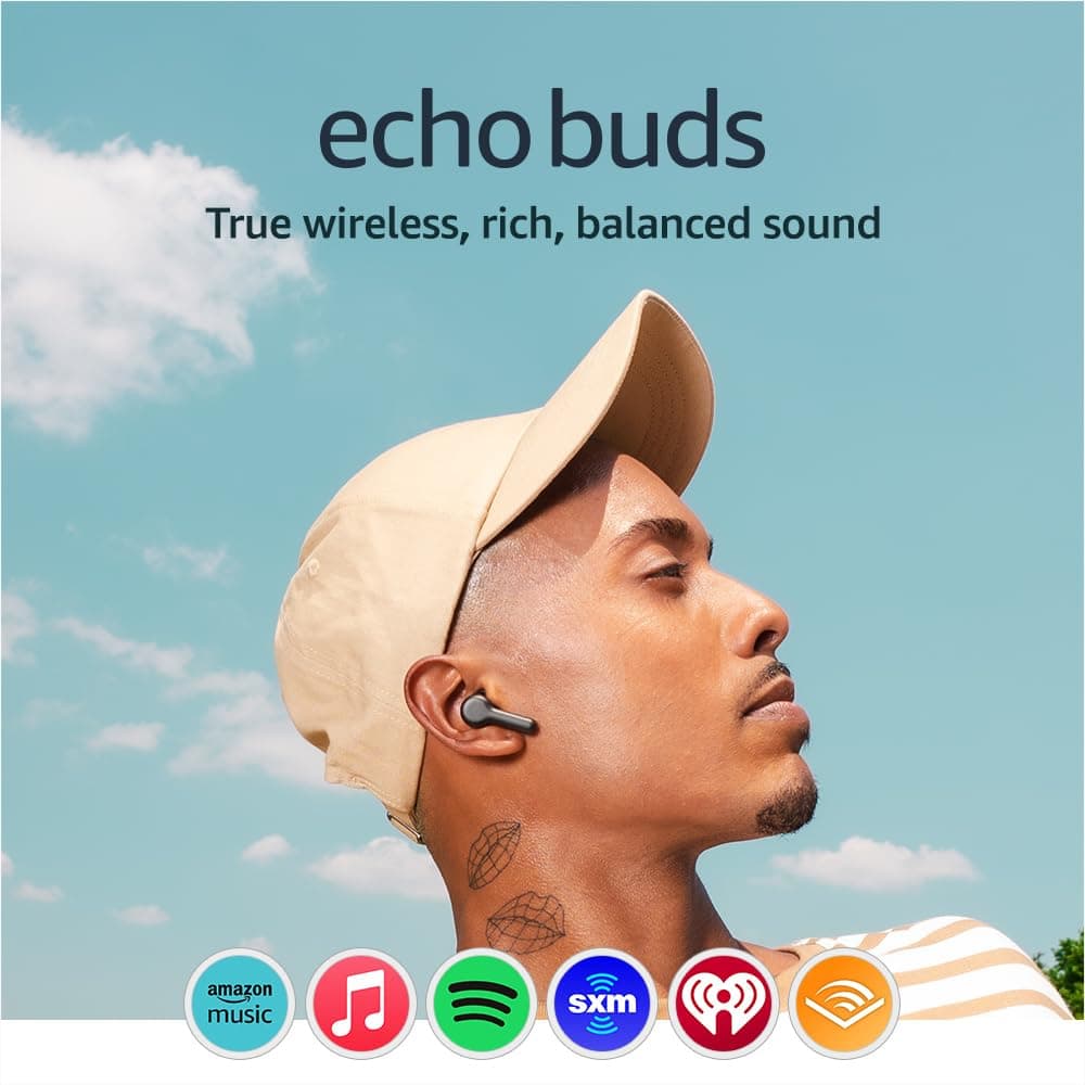 Amazon Echo Buds, True Wireless Bluetooth 5.2 Earbuds with Alexa, audio personalization, multipoint, 20H battery with charging case, fast charging, sweat resistant, Black