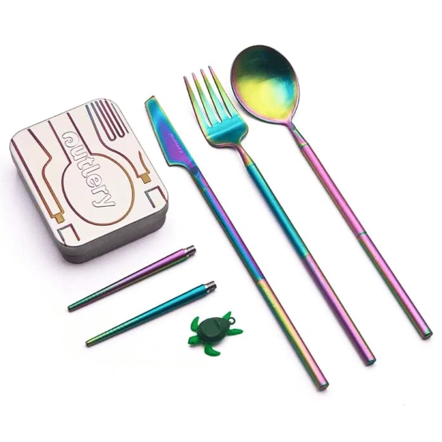 Outlery | Portable & Reusable Stainless Steel Travel Cutlery Set and Reusable Chopsticks (Rainbow) Pocket Sized Cutlery Set