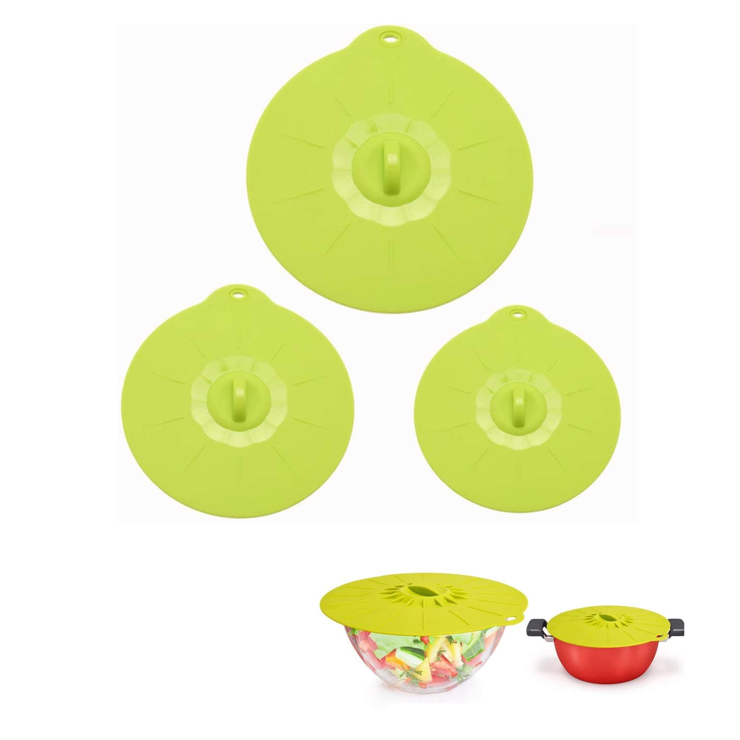 MsFeng Microwave Cover Silicone Lids - Set of 3: 5" 7" 9" - Suction Lids Cover for Pots, Frying Pans, Bowls, Cups, Skillets - Splatter Protection - Easy Food Storage - BPA Free - Oven Safe