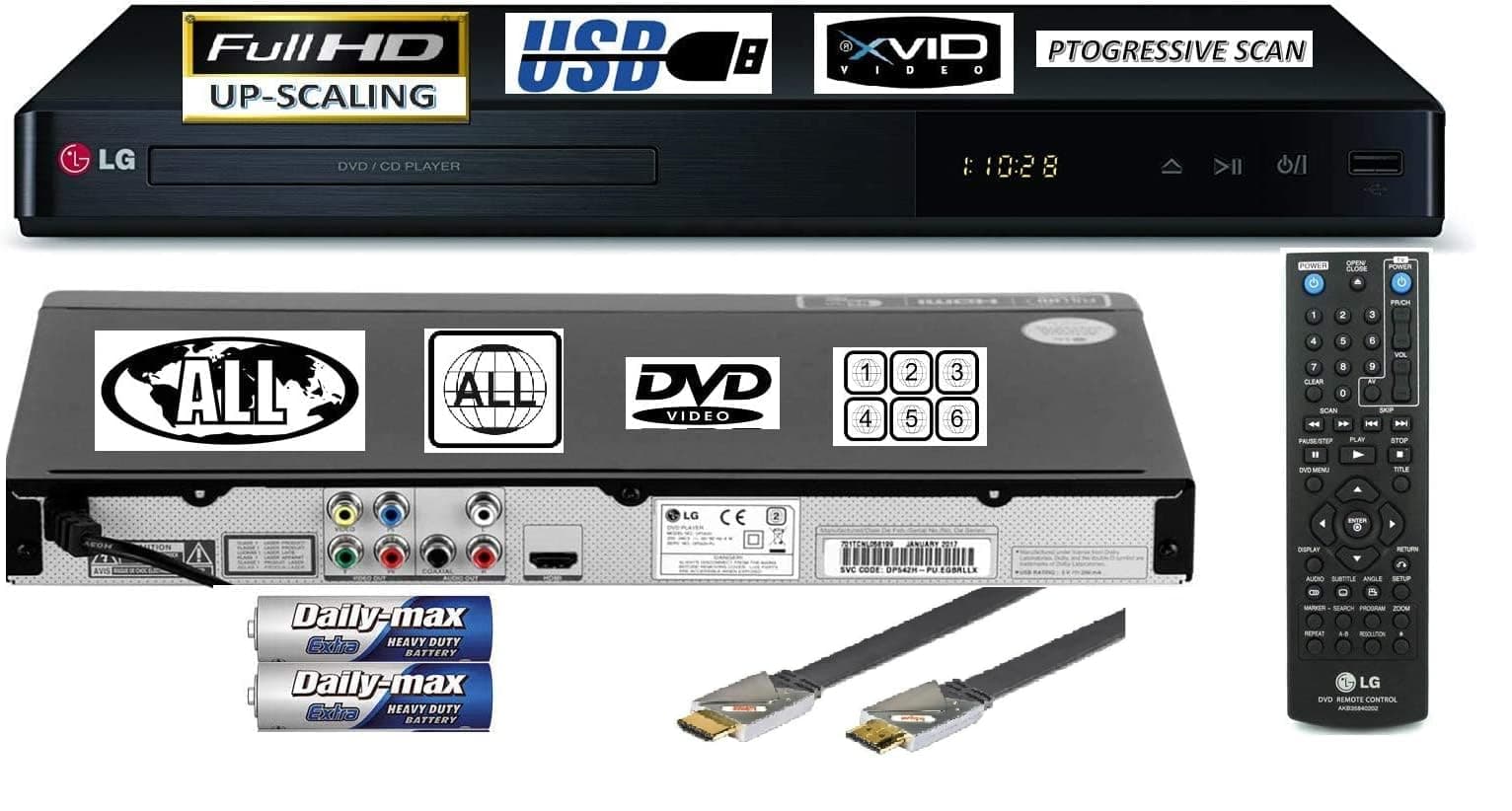 LG DP542H HDMI/MULTIREGION DVD Player 1080p HD Upscaling DivX / USB Playback - PAL & NTSC , CD Audio, Black.