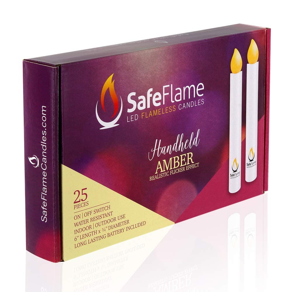 SafeFlame Flickering Hand Held LED Candles - Batteries Included - Easy On/Off Switch - Safe Flame for Candlelight Service (Box of 25) (Amber)