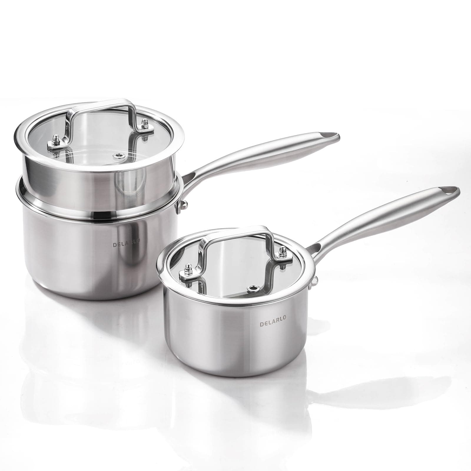 DELARLO Sauce Pan Sets, Compatible with All Cooktops 600℉, Full Clad Triply Stainless Steel Saucepan, 1QT Pot & 2 QT Pot with Steamer (Lids 300℉)