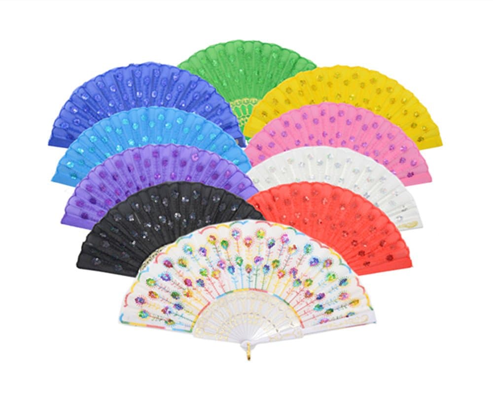Lysa® "Peacock Folding Hand Held Fans Bulk for Women - Spanish/Chinese/Japanese Vintage Retro Fabric Fans (Colorful 10pcs)