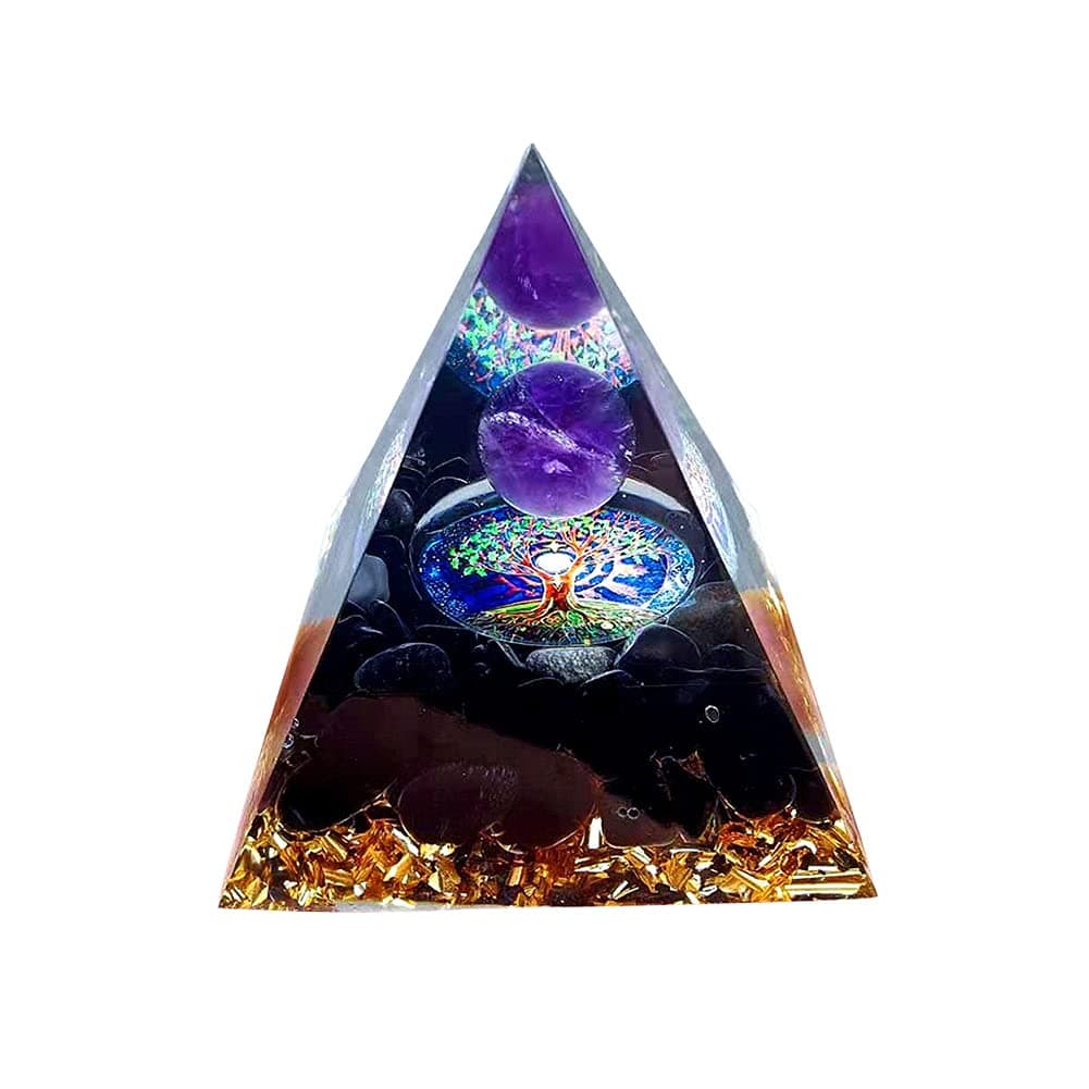 Obsidian Pyramid Ogan Crystal Energy Tower, Nature Reiki Chakra Crushed Stone, Amethyst Ball Crystal Orgone Pyramid Crystal Pyramid of Courage Healing Throat Chakra Stress Relaxation