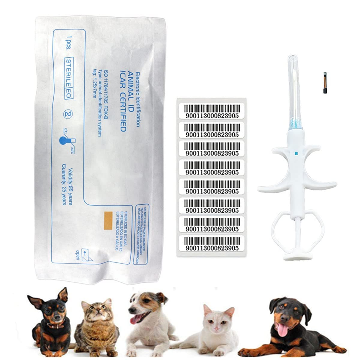 20Packs 1.25x7mm, Universal Pet Microchip Animals Implant Chip 134.2khz Registration FDX-B Pet ID Microchip for The Management of Dog Cat Cow Pig Rabbit Pigeon Fish