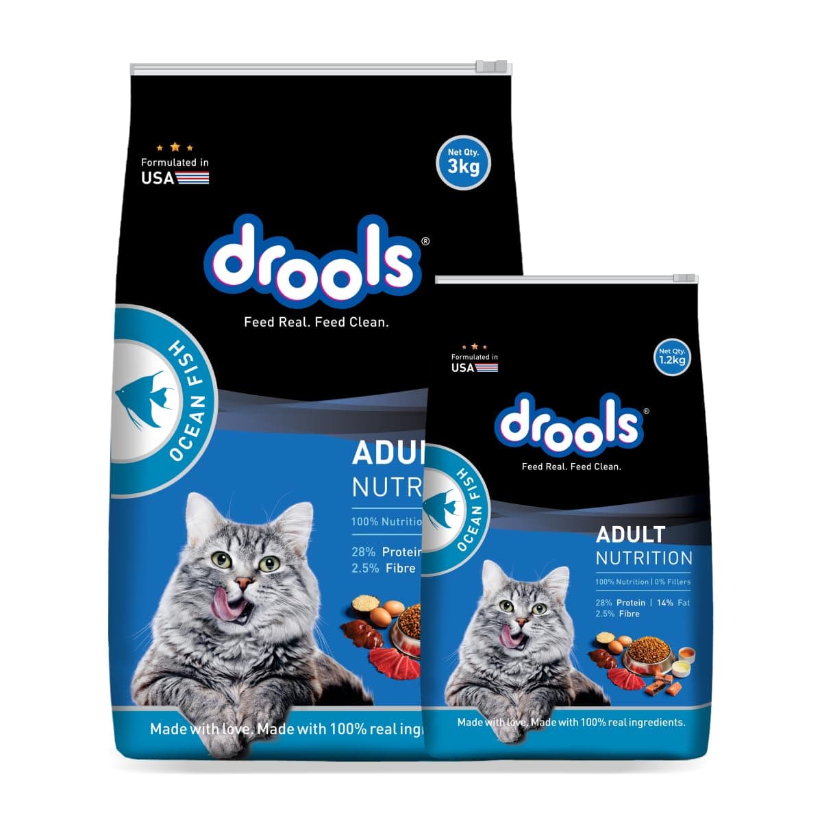 Drools Adult Dry Cat Food 3kg with 1.2kg, Total 4.2 kg Pack | Ocean Fish Flavour | Supports Vision | Promotes Cardiac Health | Enhances Skin & Coat | Maintains Urinary Tract Health