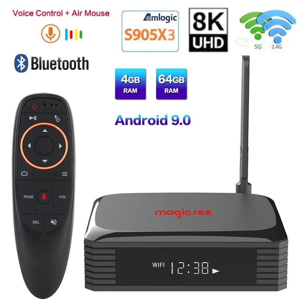8K Ultra HD Smart Media Player with Voice Remote Control,Magicsee N5 Plus Android 9.0 TV Box Amlogic S905X3 4GB Ram 64GB Rom Quad Core 2.4G/5Ghz Wifi Ethernet USB HDMI Bluetooth Support SSD Hard Drive