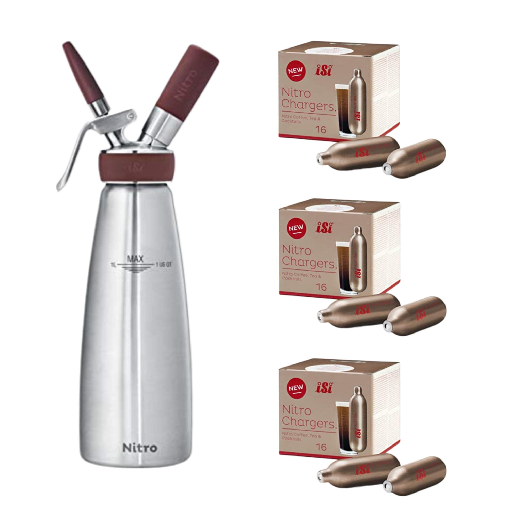 iSi North AmericaNitro Cold Brew Whip Set - 1 Quart Dispenser & 48 Nitro Whip Chargers, Stainless Steel & Dishwasher Safe - Elevate Nitro Coffee, Tea, Cocktails - Barista Tools for Cafes & Home