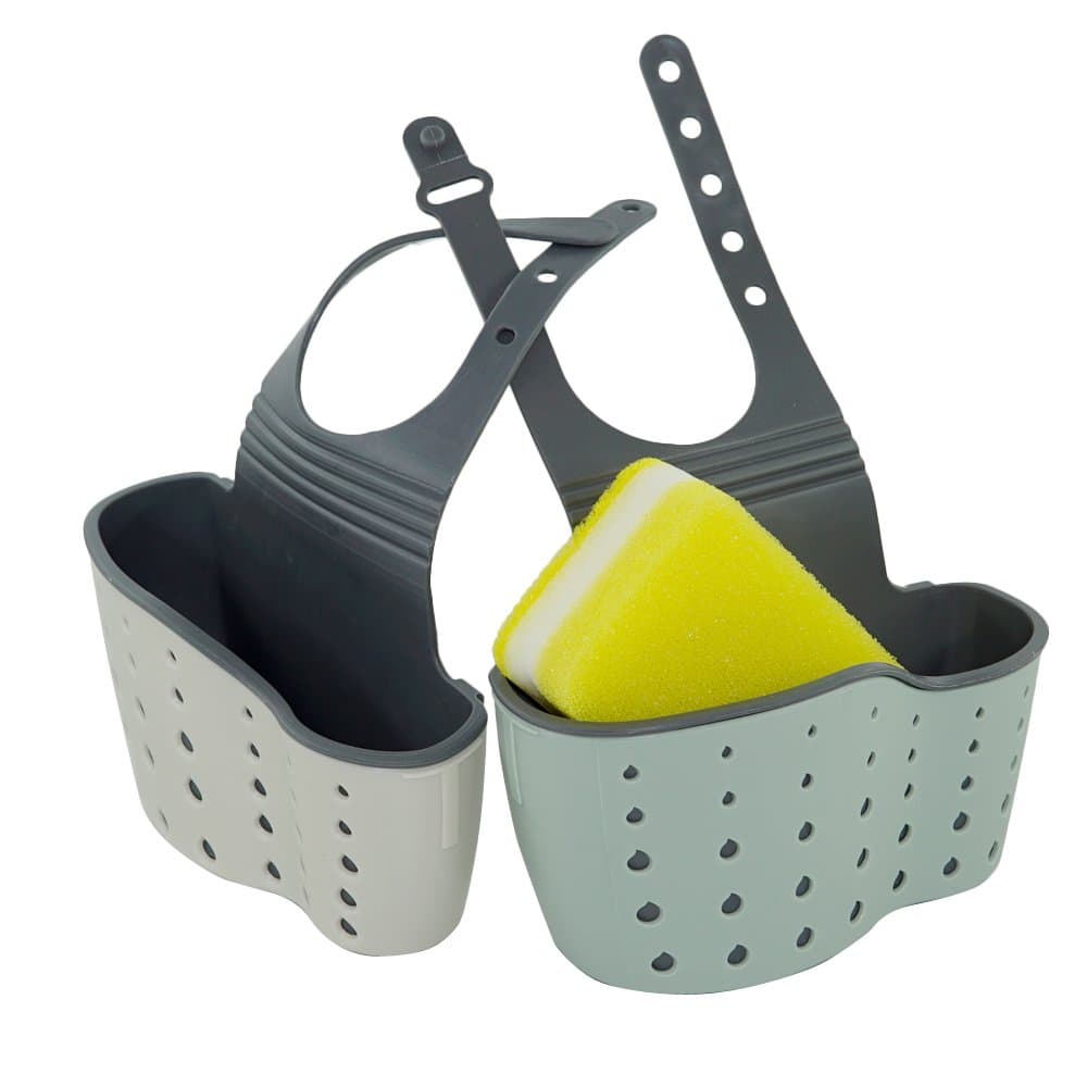 2 pcs Sponge Soap Holders with Sponge, ANIN Adjustable Strap Sink Caddy Hanging Organizer Storage Pocket for Kitchen Bathroom - Grey