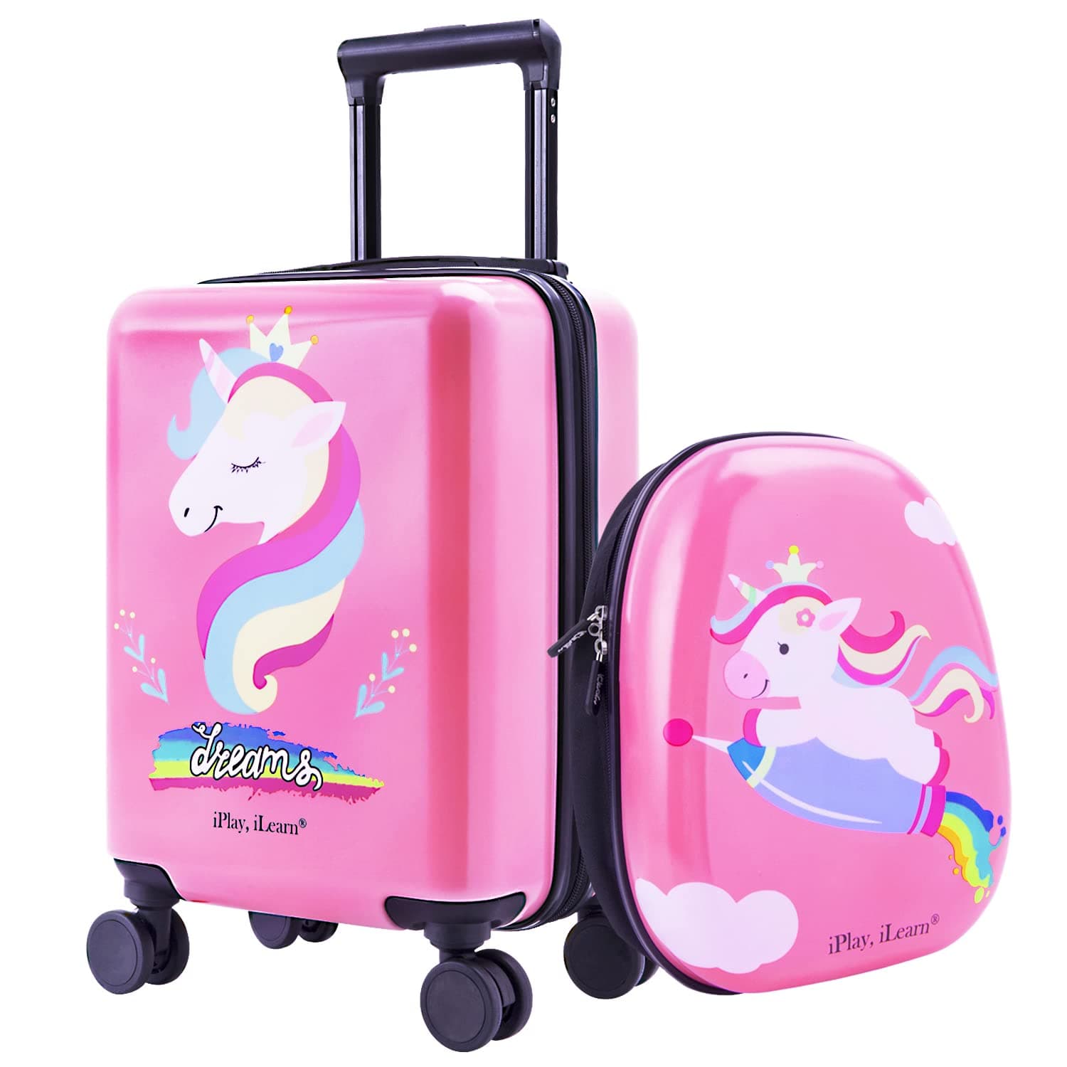 Unicorn Kids Carry On Luggage Set with Spinner Wheels, Girls Travel Suitcase