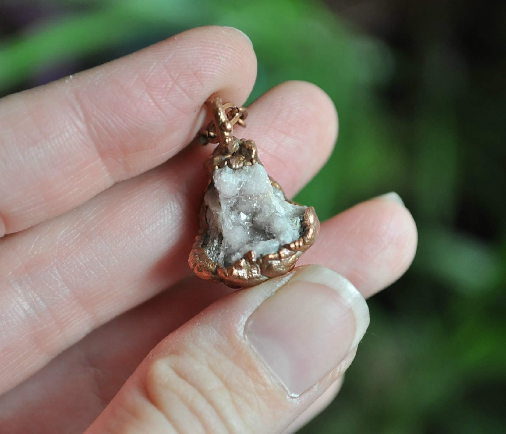 Natural Lake Michigan Geode Necklace with Copper Accent - Druzy Crystals - Quartz - Medium Patina